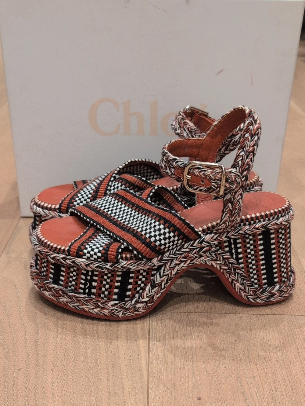 Chloe Woven Platform Sandals in Terracotta, Black & White